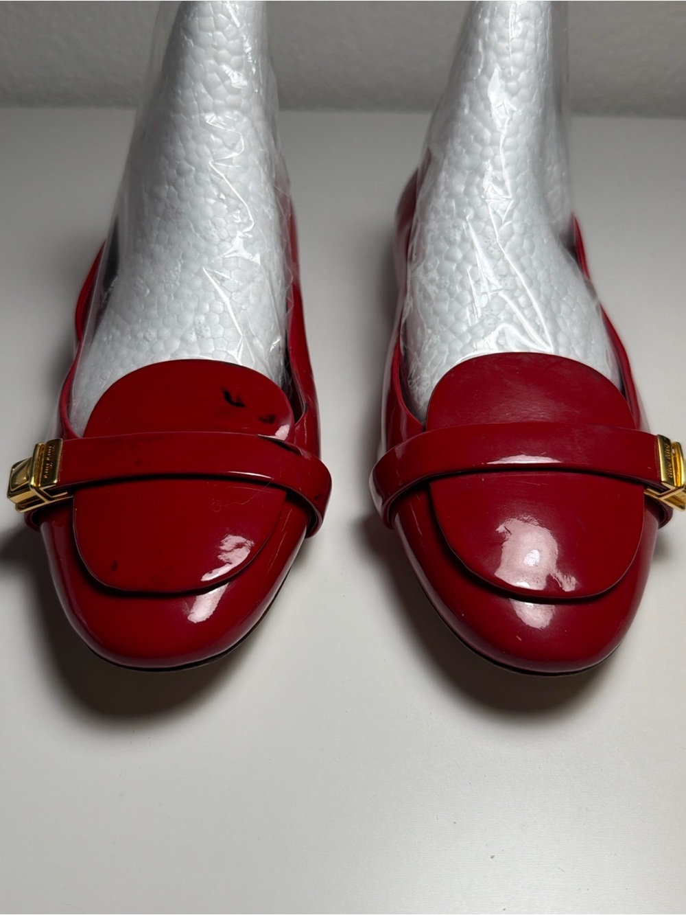 Miu Miu Glossy Red Patent Loafers with Gold Buckle